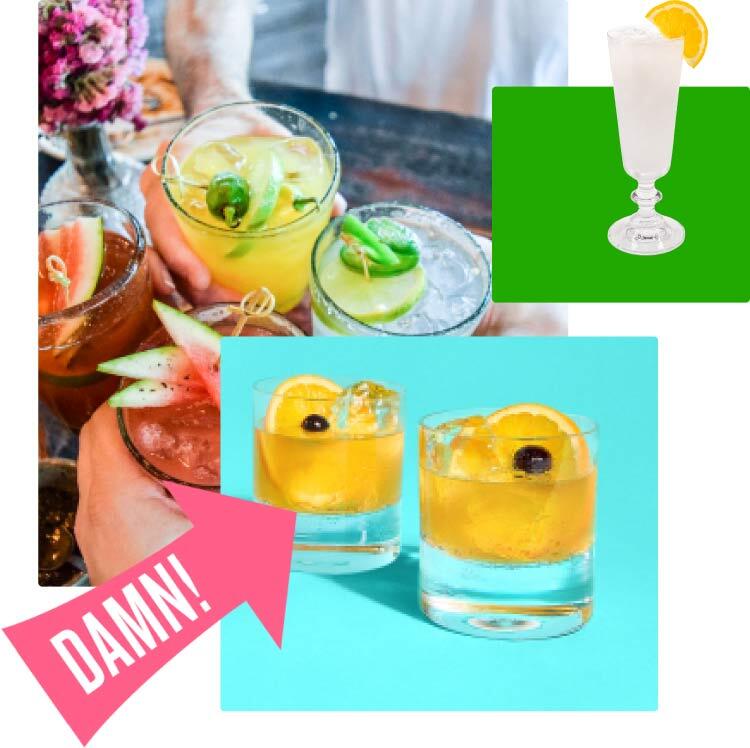 An assortment of cocktails made with Zing Zang mixes, along with a pink arrow pointing to them with the text "Damn!"